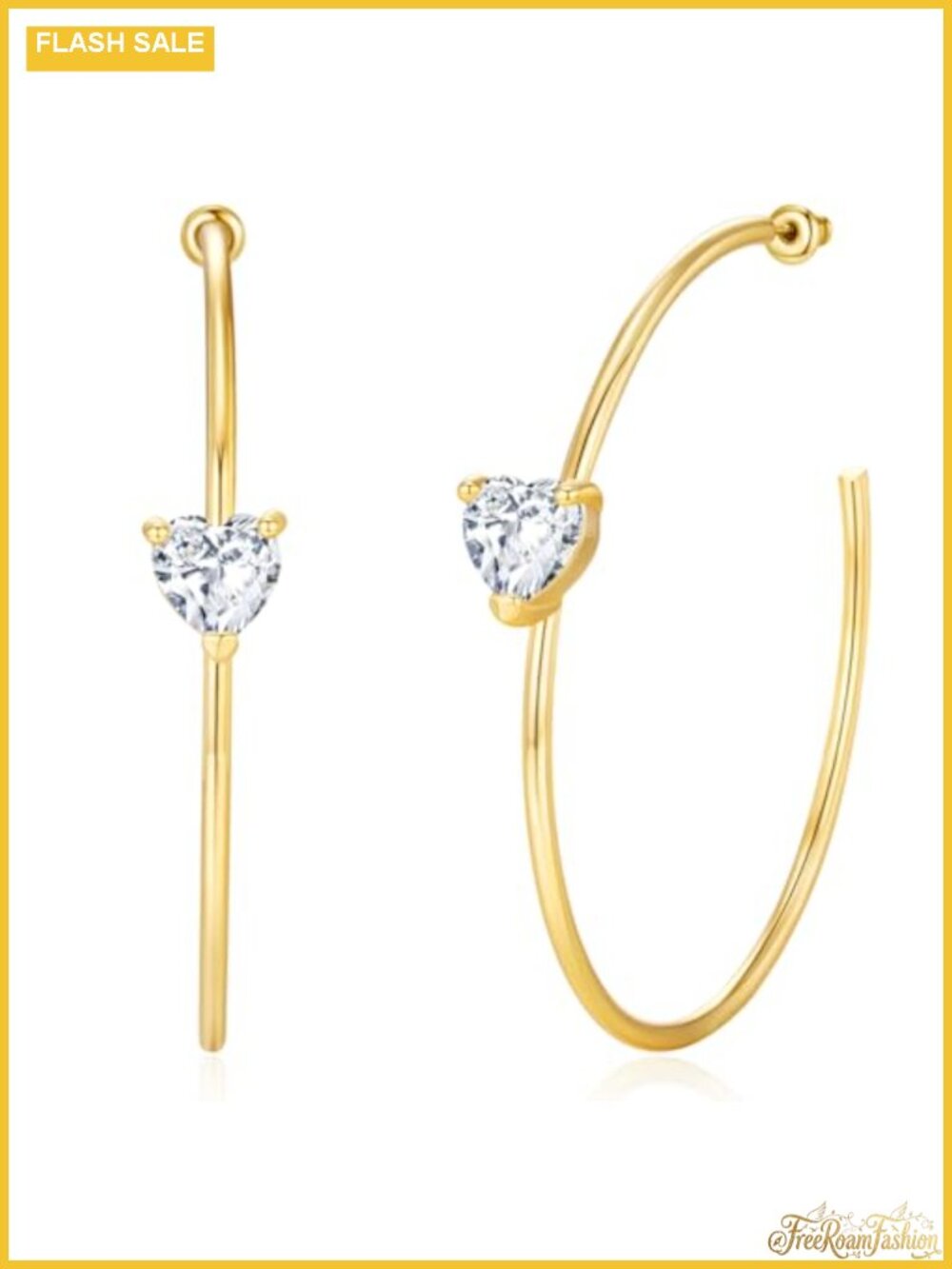 Large 14k Gold Plated Hoop Earrings with Cubic Zirconia Heart Design for Women